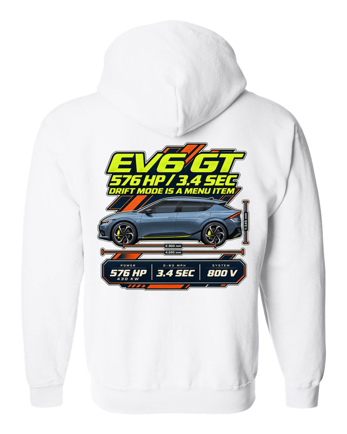 Kia EV6 GT spec poster print on a shirt white zip hoodie back view with the design