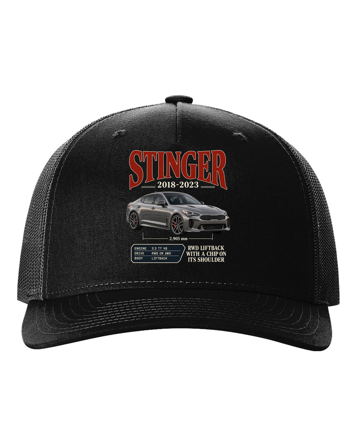 Kia Stinger GT archive panel print covering 2018 to 2023 black hat front view with the design