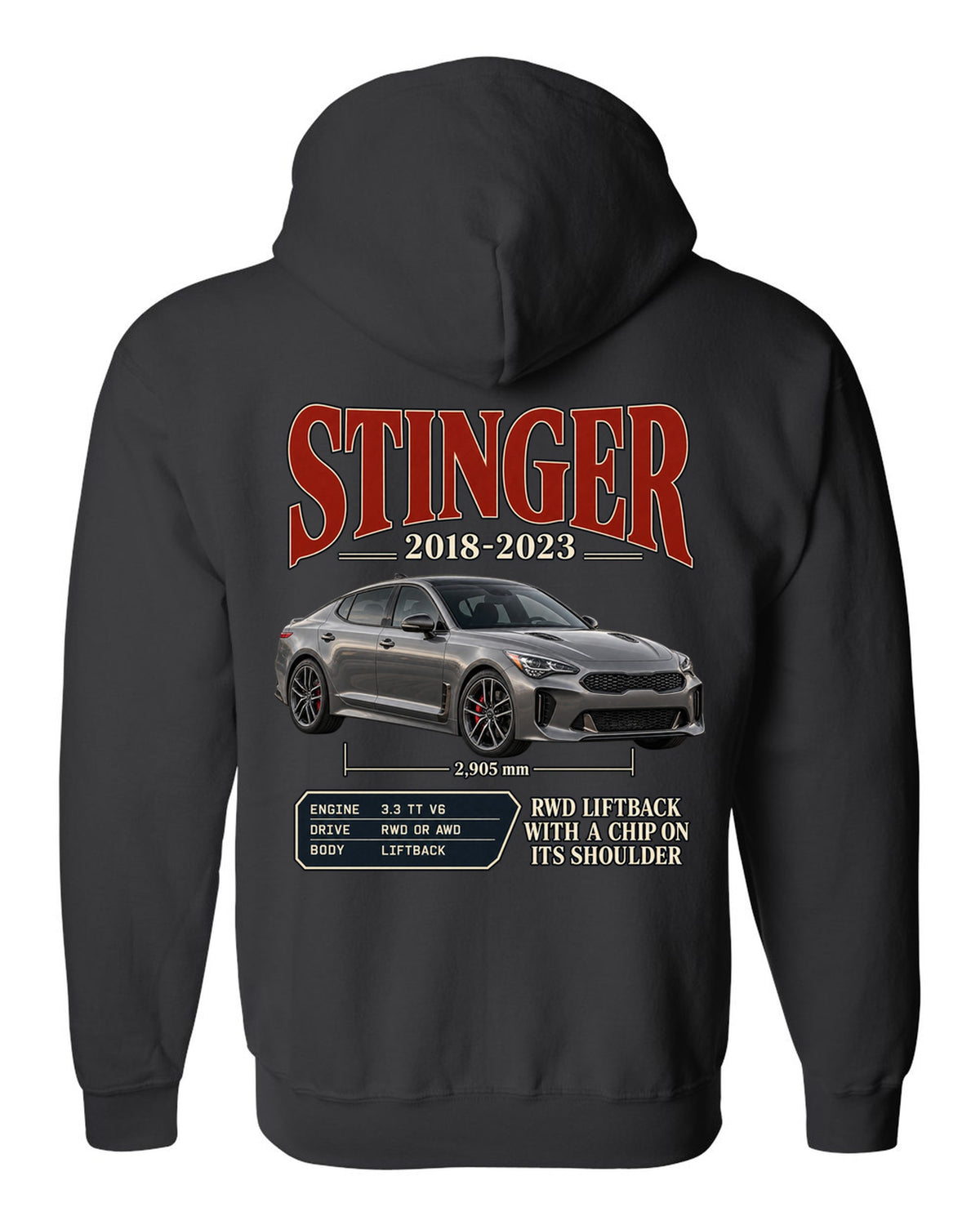 Kia Stinger GT archive panel print covering 2018 to 2023 black zip hoodie back view with the design
