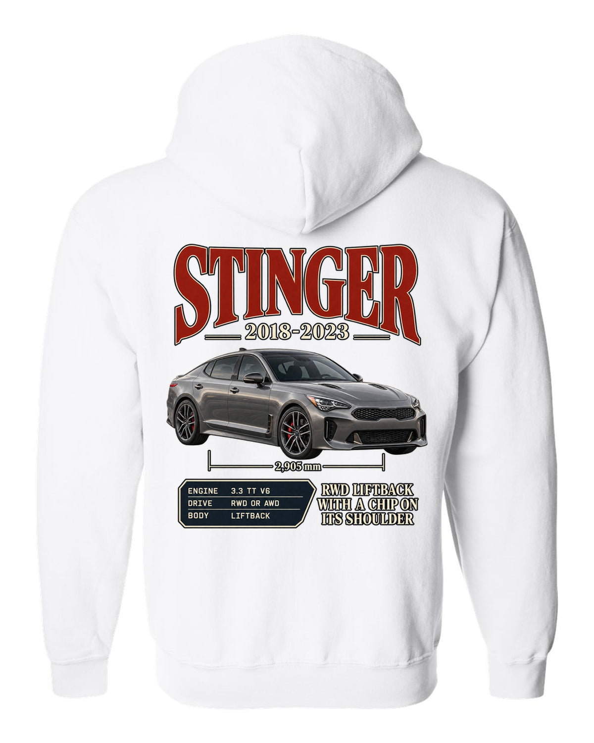Kia Stinger GT archive panel print covering 2018 to 2023 white zip hoodie back view with the design