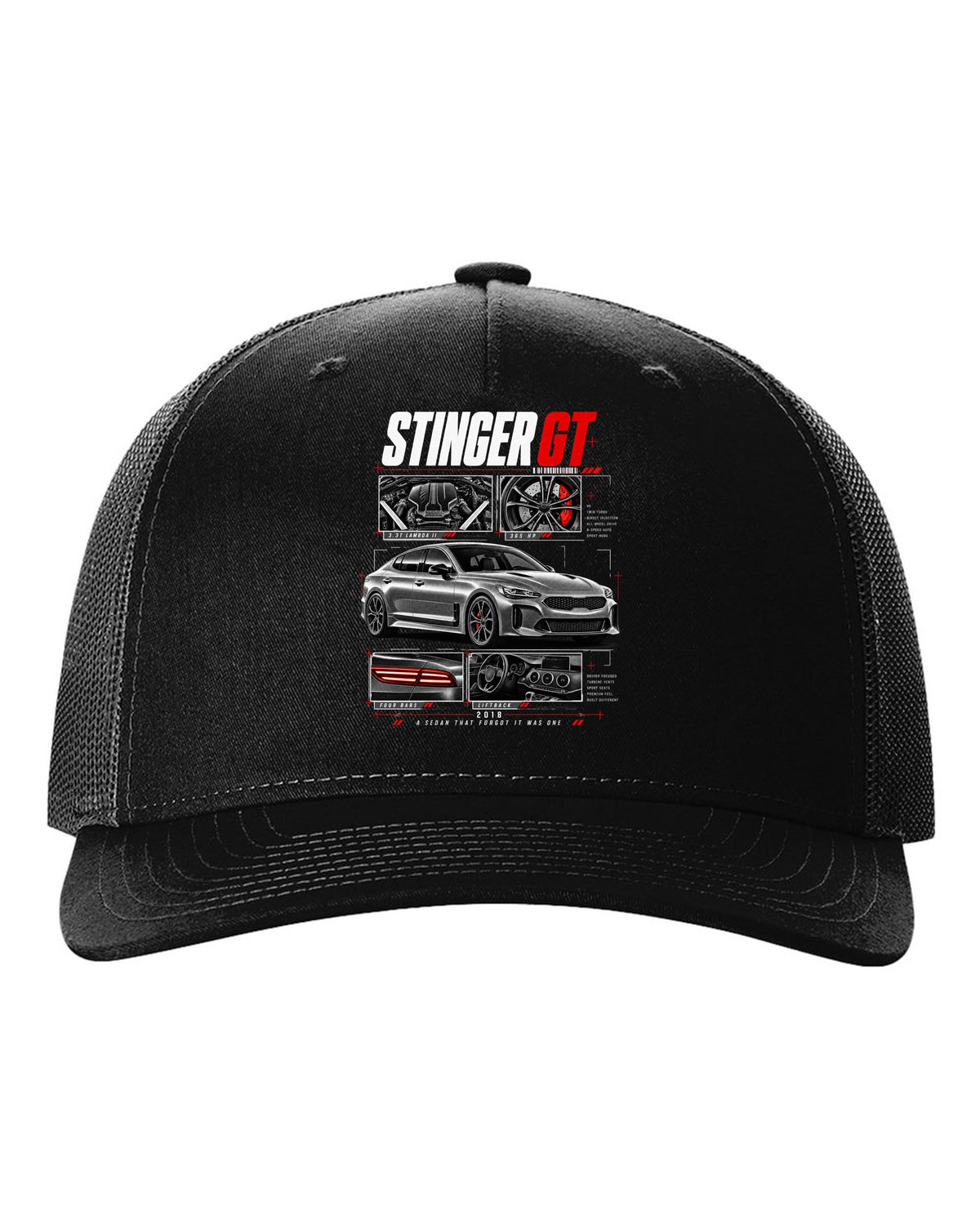 Kia Stinger GT dossier panels with 3.3T engine and liftback details black hat front view with the design
