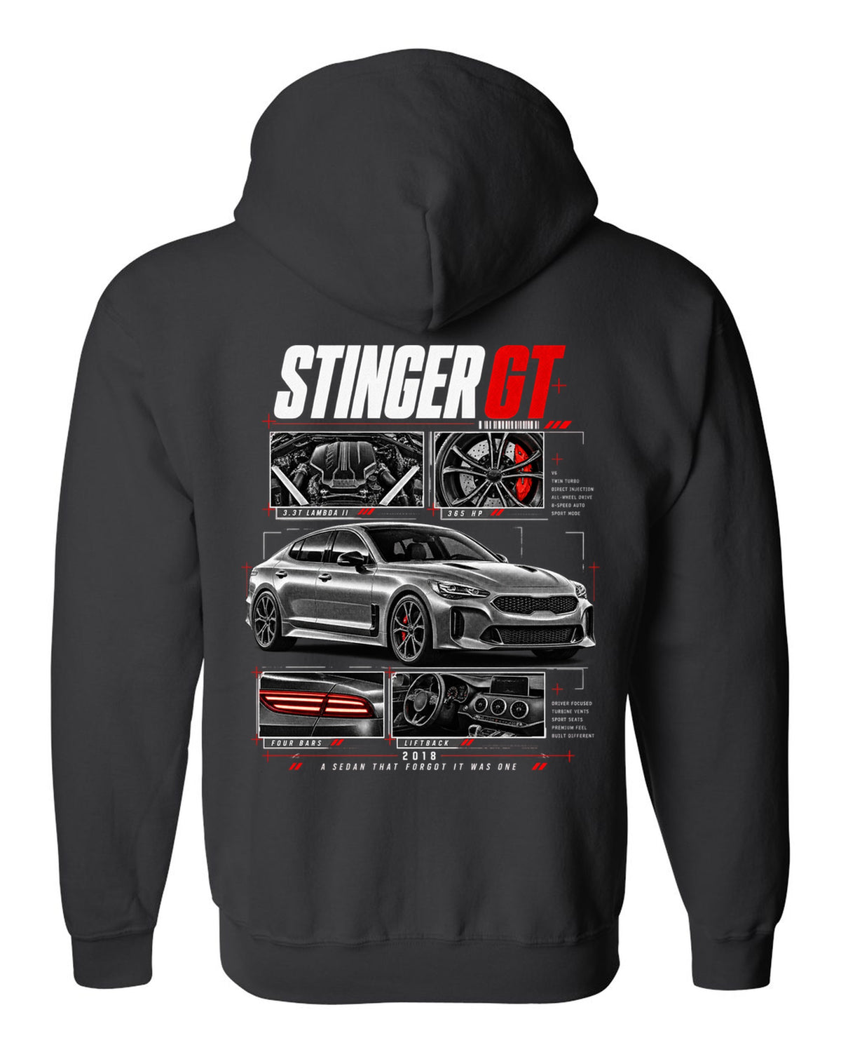 Kia Stinger GT dossier panels with 3.3T engine and liftback details black zip hoodie back view with the design