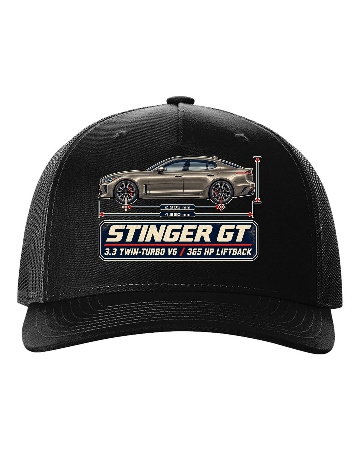Kia Stinger GT dimension blueprint print on a shirt black hat front view with the design