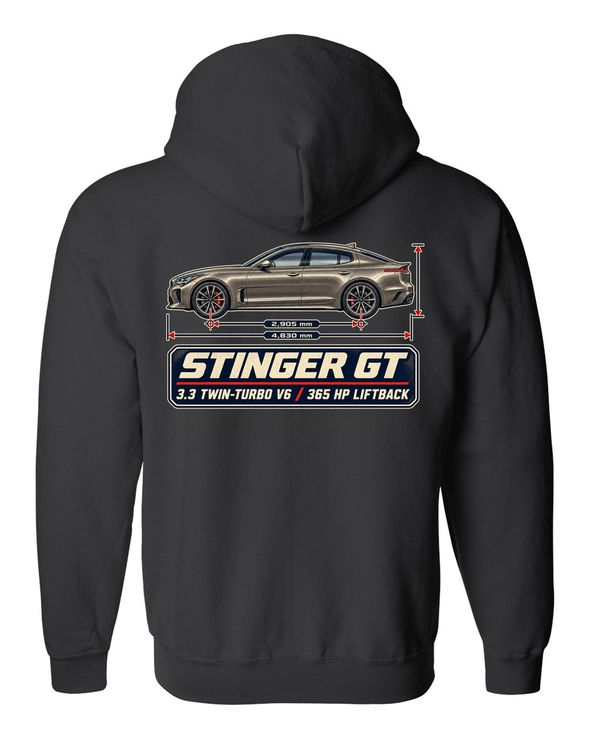 Kia Stinger GT dimension blueprint print on a shirt black zip hoodie back view with the design
