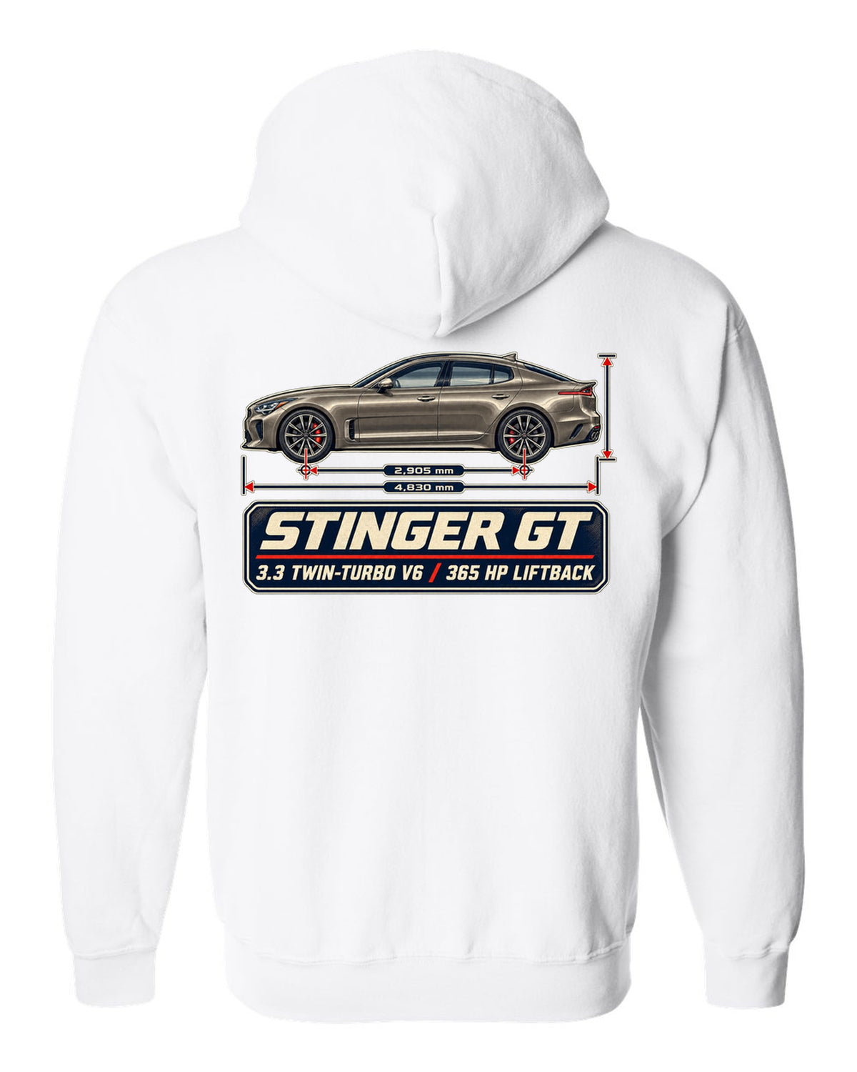 Kia Stinger GT dimension blueprint print on a shirt white zip hoodie back view with the design