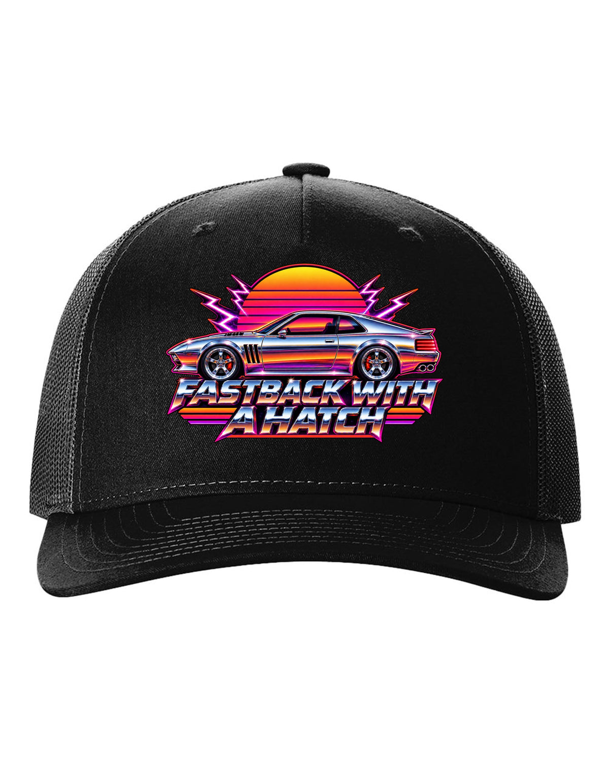 Kia Stinger GT CK 80s airbrush chrome sunset print with fastback with a ch text black hat front view with the design