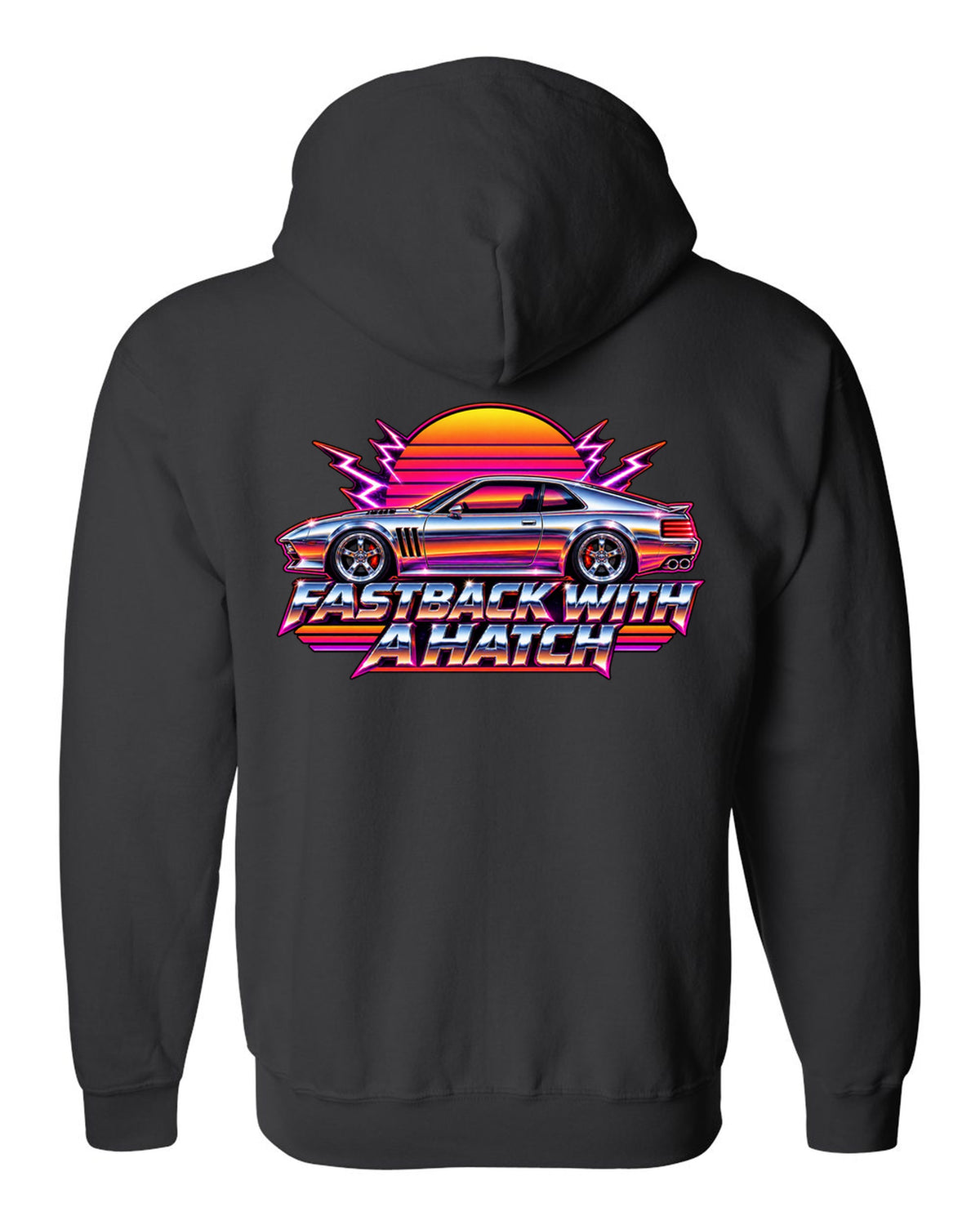 Kia Stinger GT CK 80s airbrush chrome sunset print with fastback with a ch text black zip hoodie back view with the design