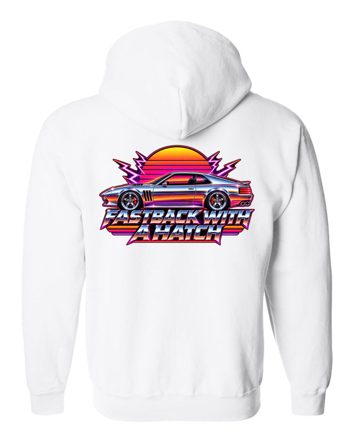 Kia Stinger GT CK 80s airbrush chrome sunset print with fastback with a ch text white zip hoodie back view with the design