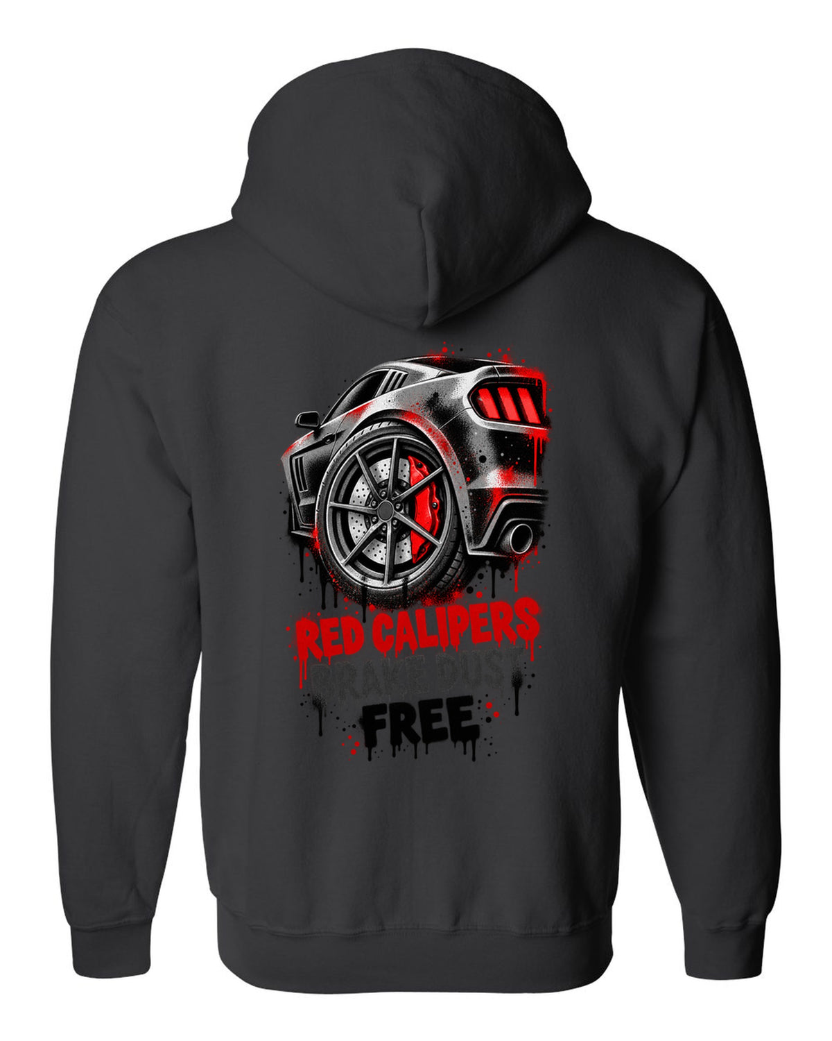 Stencil spray street art print of Kia Stinger GT CK red calipers with brake dust text black zip hoodie back view with the design