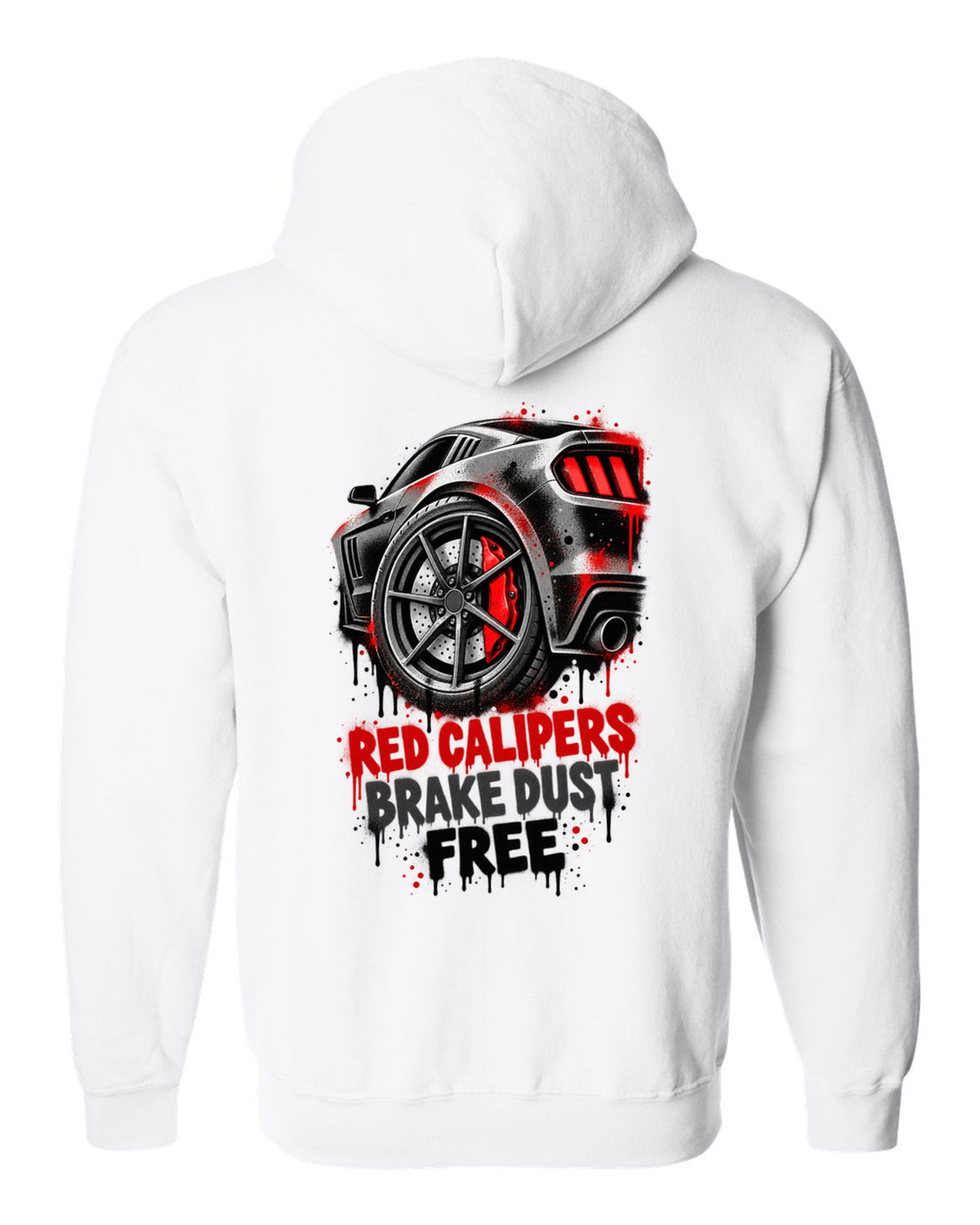 Stencil spray street art print of Kia Stinger GT CK red calipers with brake dust text white zip hoodie back view with the design