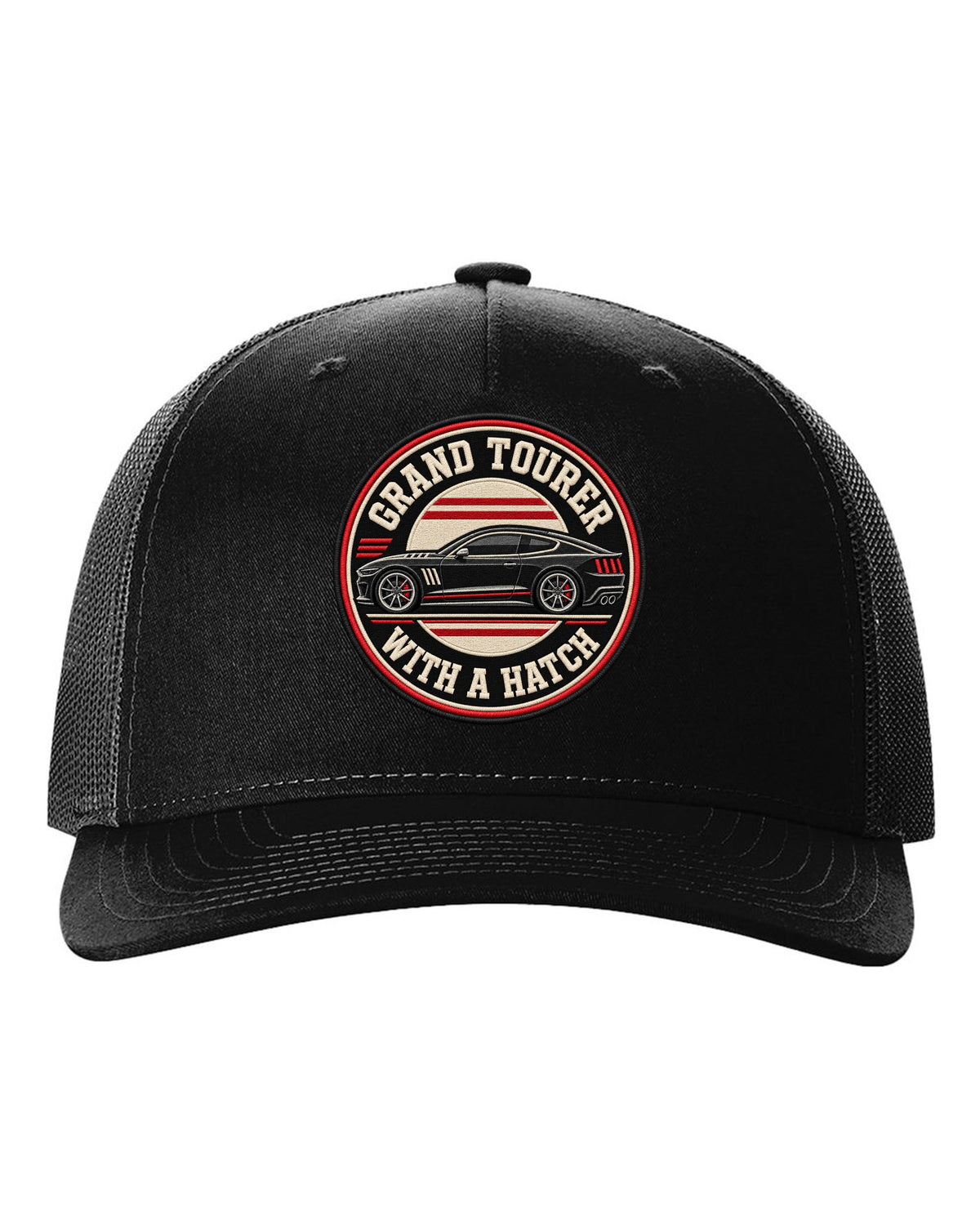 Embroidery varsity crest print for a Kia Stinger GT CK with grand tourer with a ch text black hat front view with the design