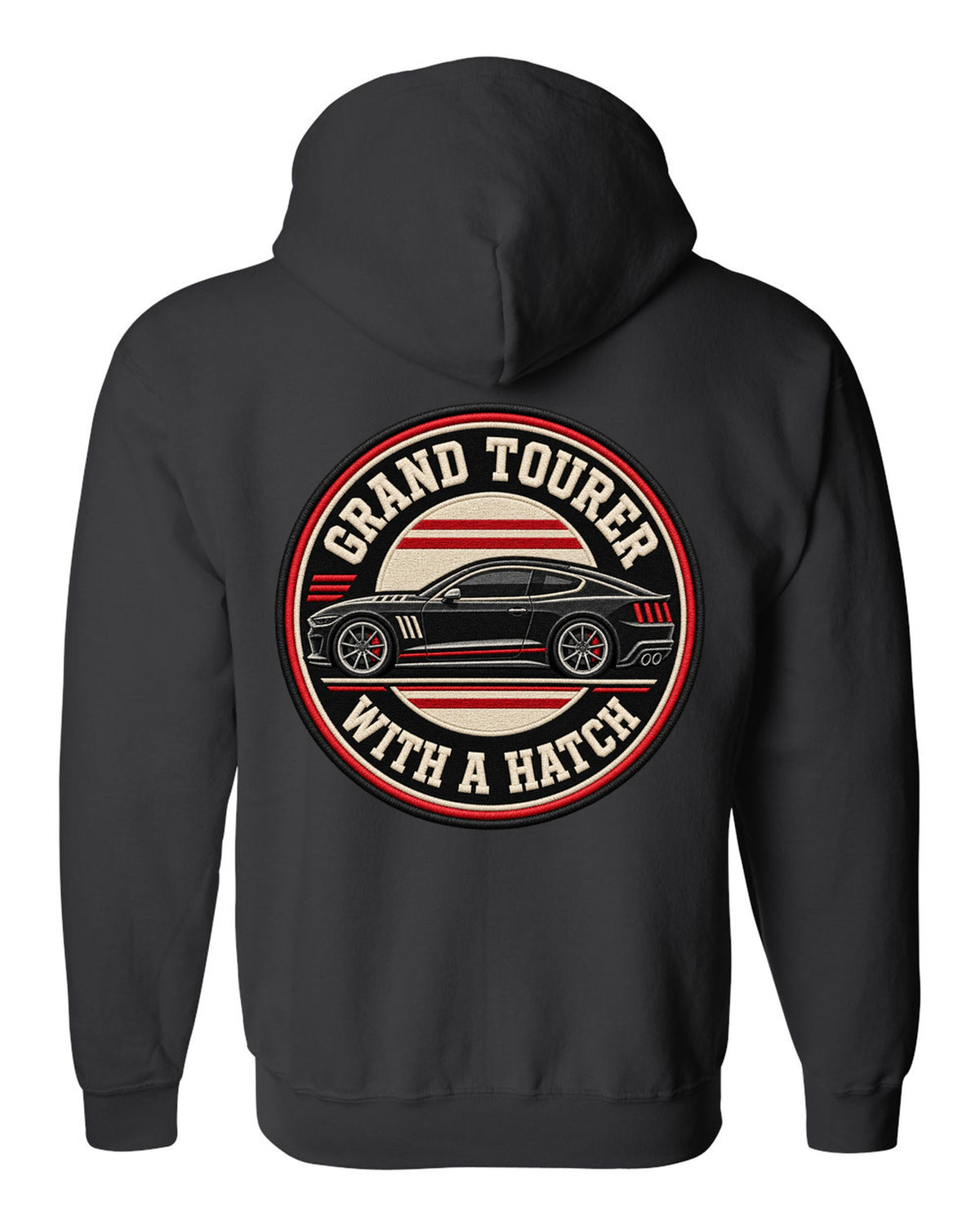 Embroidery varsity crest print for a Kia Stinger GT CK with grand tourer with a ch text black zip hoodie back view with the design