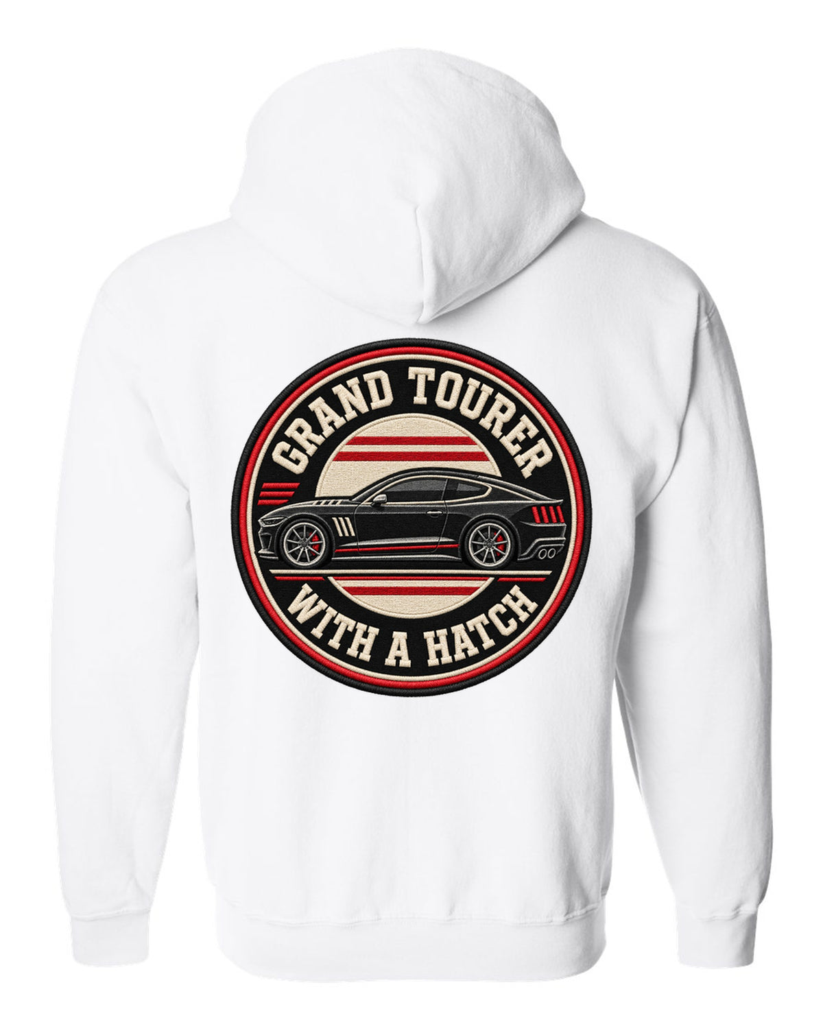 Embroidery varsity crest print for a Kia Stinger GT CK with grand tourer with a ch text white zip hoodie back view with the design