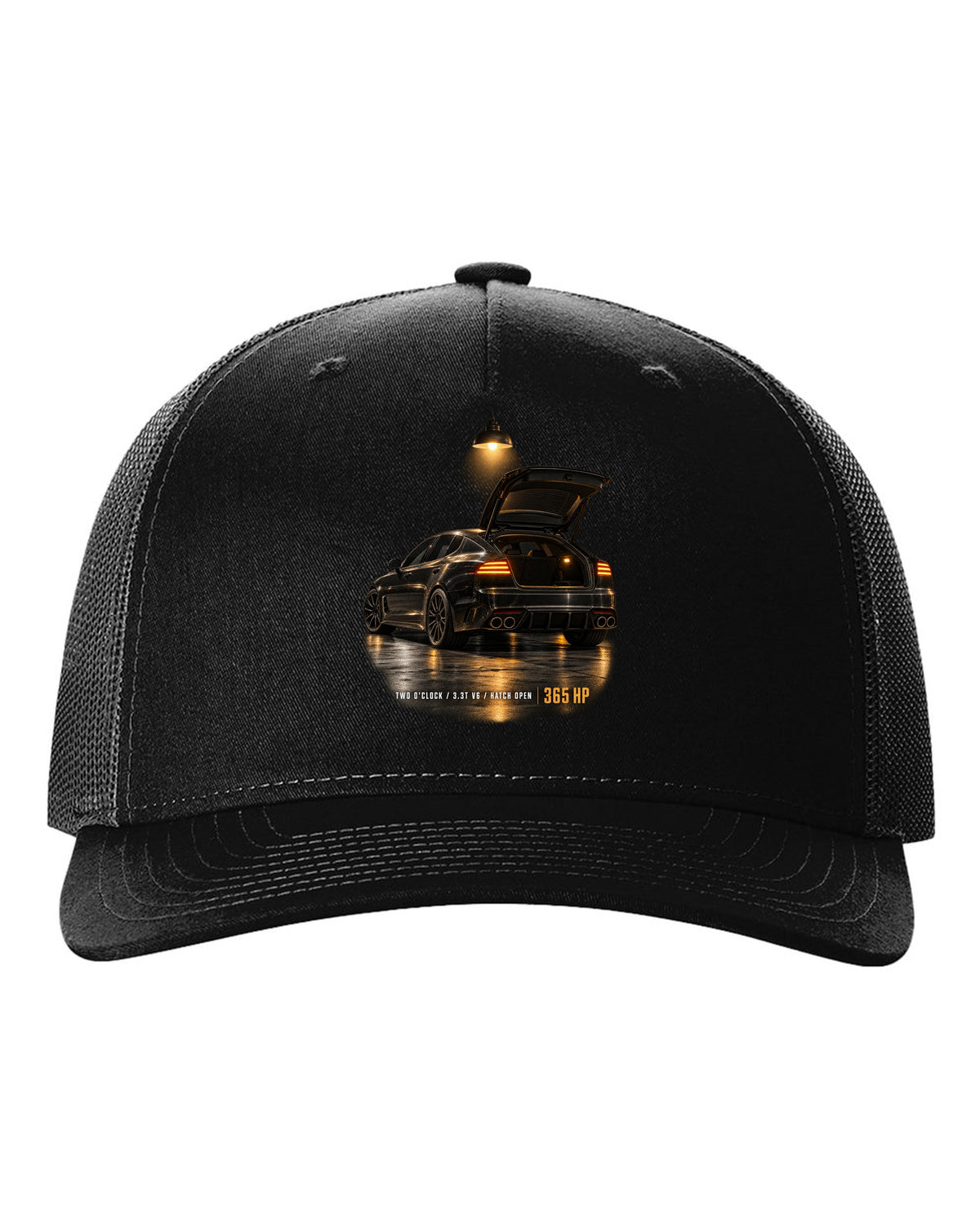 Kia Stinger GT CK garage night print with ch open and 3.3T V6 text black hat front view with the design