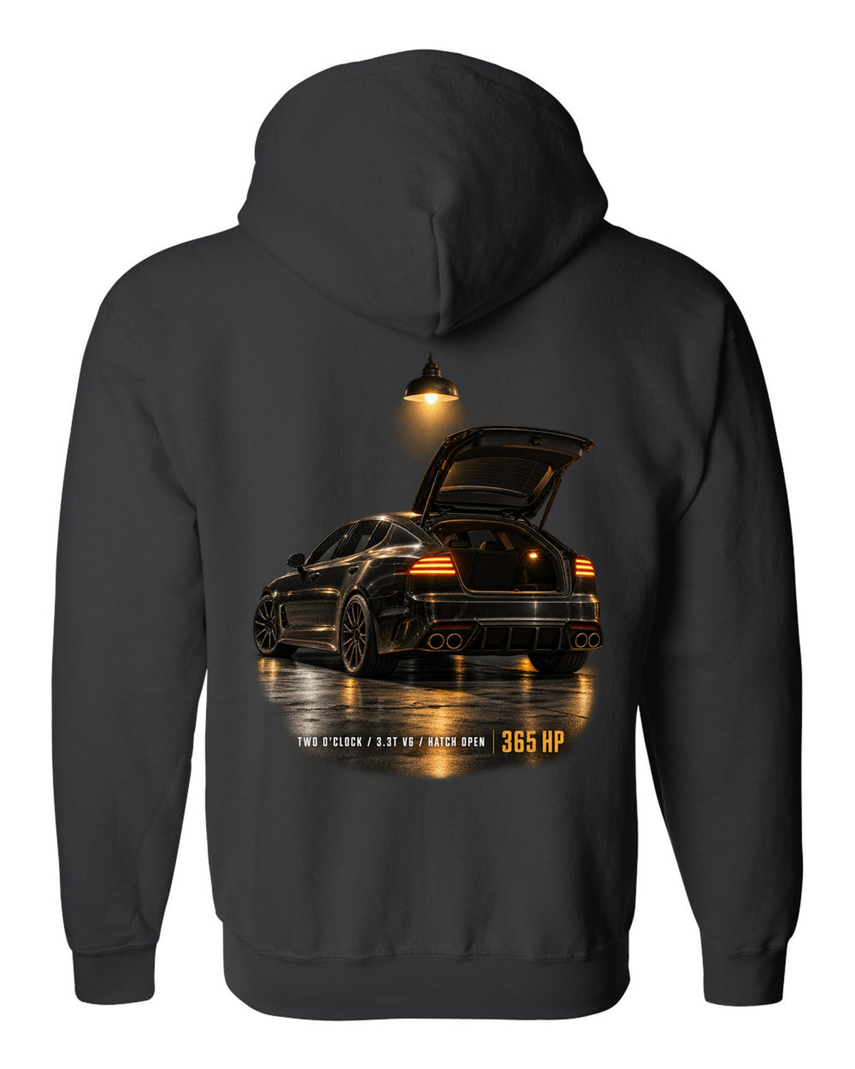 Kia Stinger GT CK garage night print with ch open and 3.3T V6 text black zip hoodie back view with the design