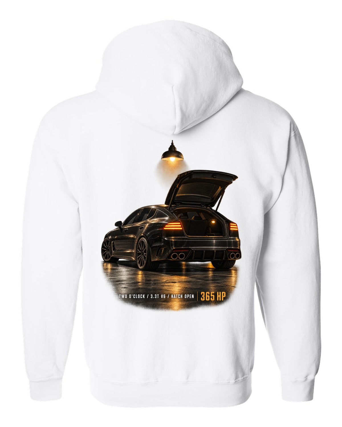 Kia Stinger GT CK garage night print with ch open and 3.3T V6 text white zip hoodie back view with the design