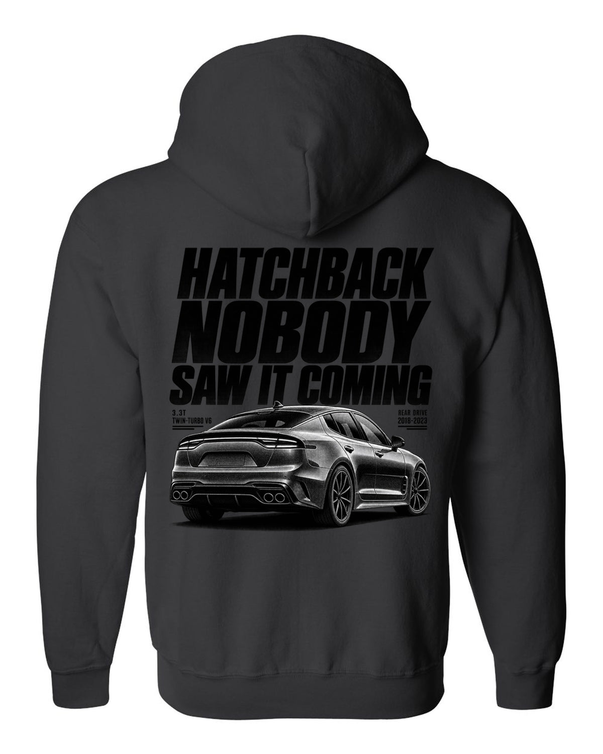 Halftone print of a Kia Stinger GT CK rear three-quarter low angle with chback text black zip hoodie back view with the design