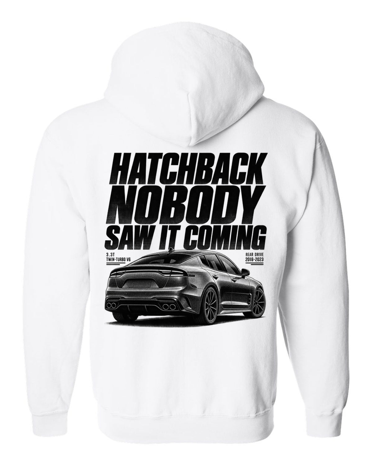Halftone print of a Kia Stinger GT CK rear three-quarter low angle with chback text white zip hoodie back view with the design