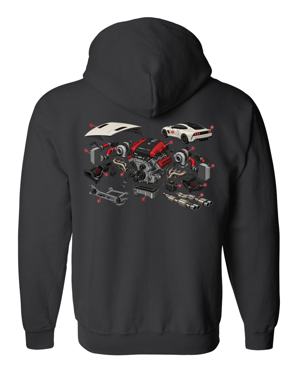 Isometric exploded cutaway print of the Kia Stinger GT CK Lambda II 3.3T engine black zip hoodie back view with the design