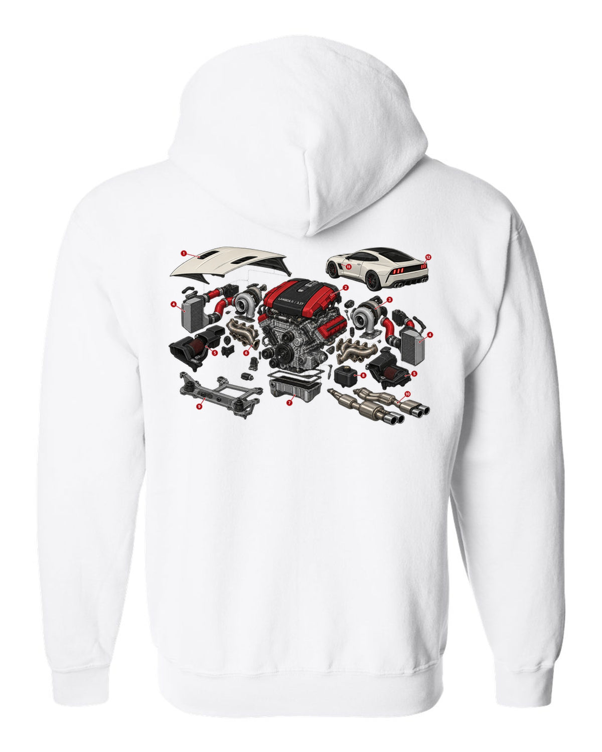 Isometric exploded cutaway print of the Kia Stinger GT CK Lambda II 3.3T engine white zip hoodie back view with the design