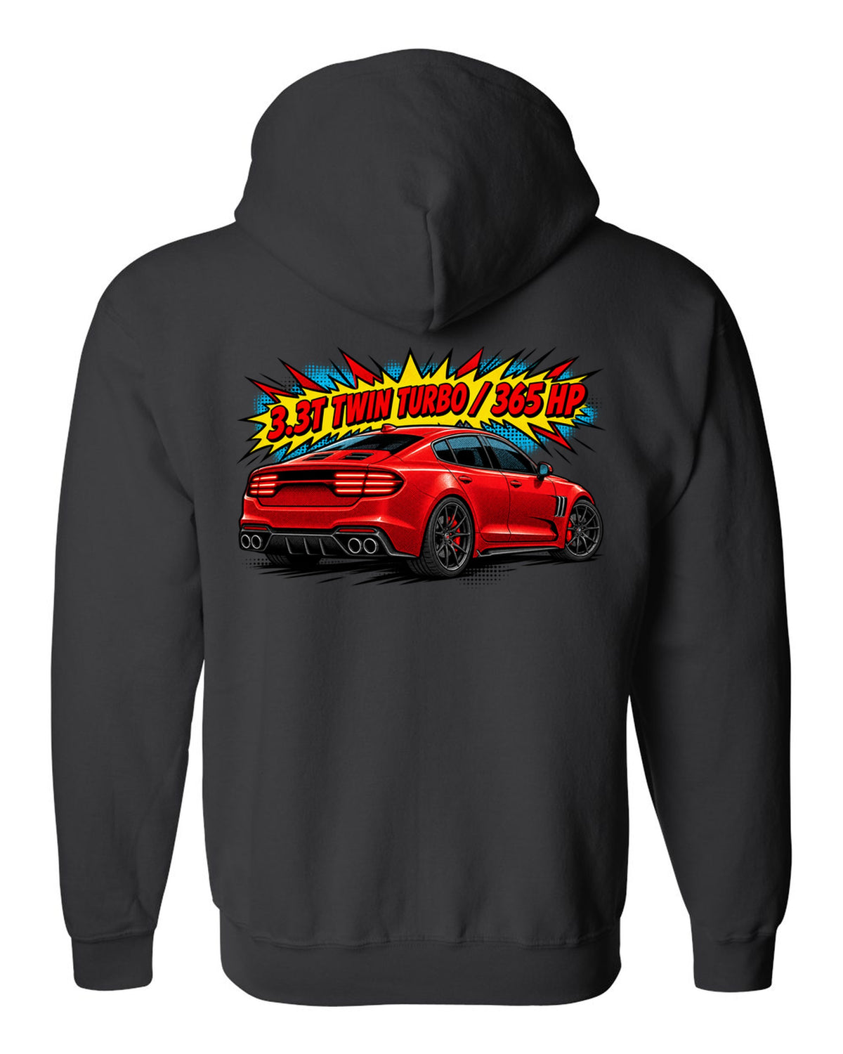 Comic halftone print of a Kia Stinger GT CK rear with 3.3T twin turbo 365 HP text black zip hoodie back view with the design