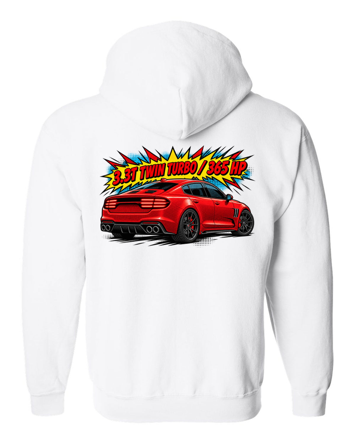 Comic halftone print of a Kia Stinger GT CK rear with 3.3T twin turbo 365 HP text white zip hoodie back view with the design