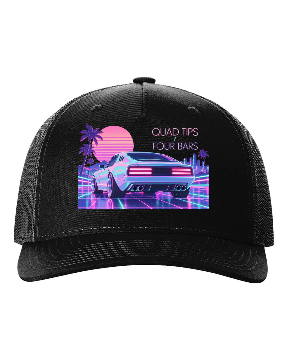 Kia Stinger GT CK vaporwave pastel rear view print with quad tips and four bars text black hat front view with the design