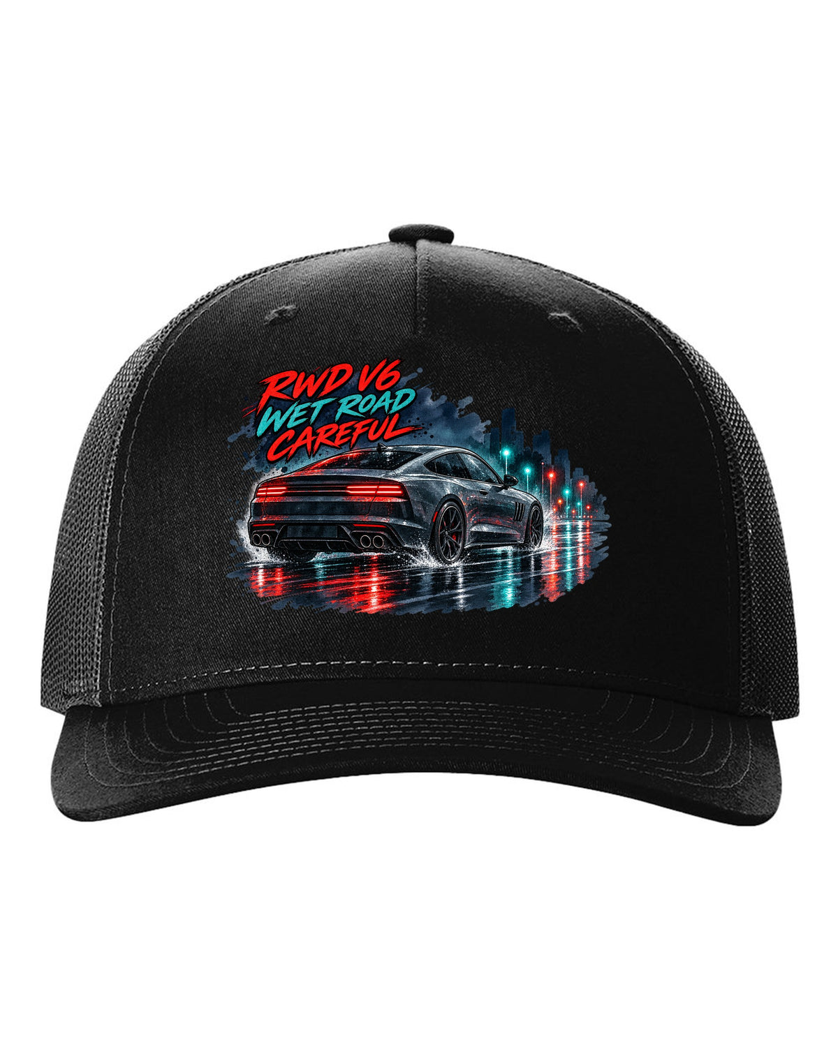 Watercolour wet-road night print of a Kia Stinger GT CK with RWD V6 wet road careful text black hat front view with the design
