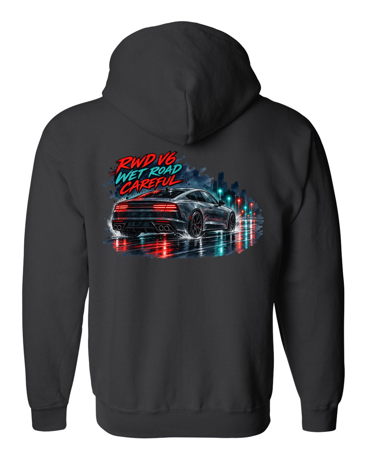 Watercolour wet-road night print of a Kia Stinger GT CK with RWD V6 wet road careful text black zip hoodie back view with the design