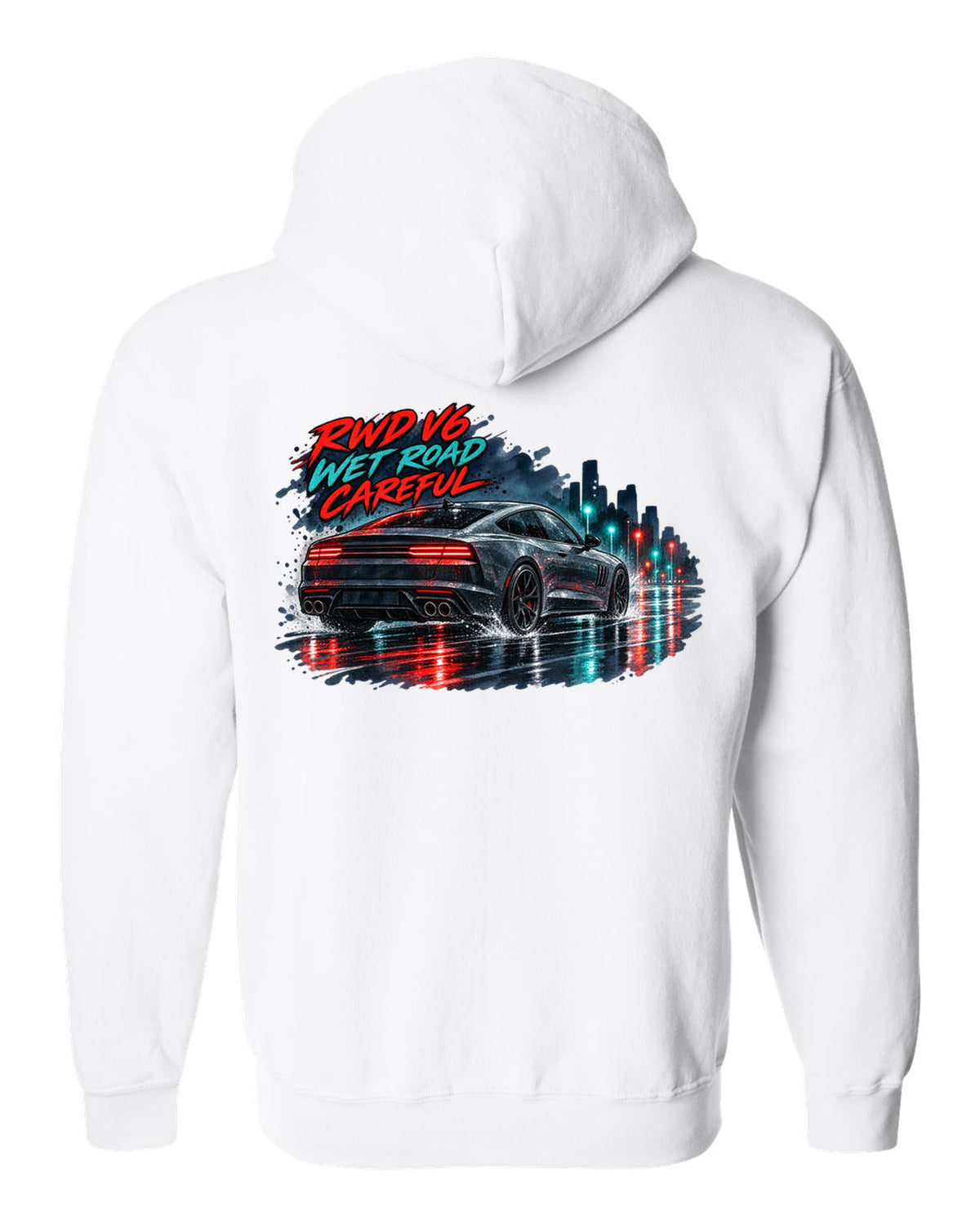 Watercolour wet-road night print of a Kia Stinger GT CK with RWD V6 wet road careful text white zip hoodie back view with the design