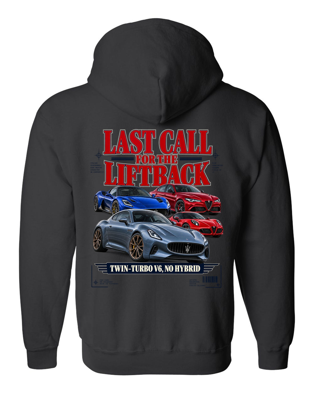 Kia Stinger GT final year editorial headline print black zip hoodie back view with the design
