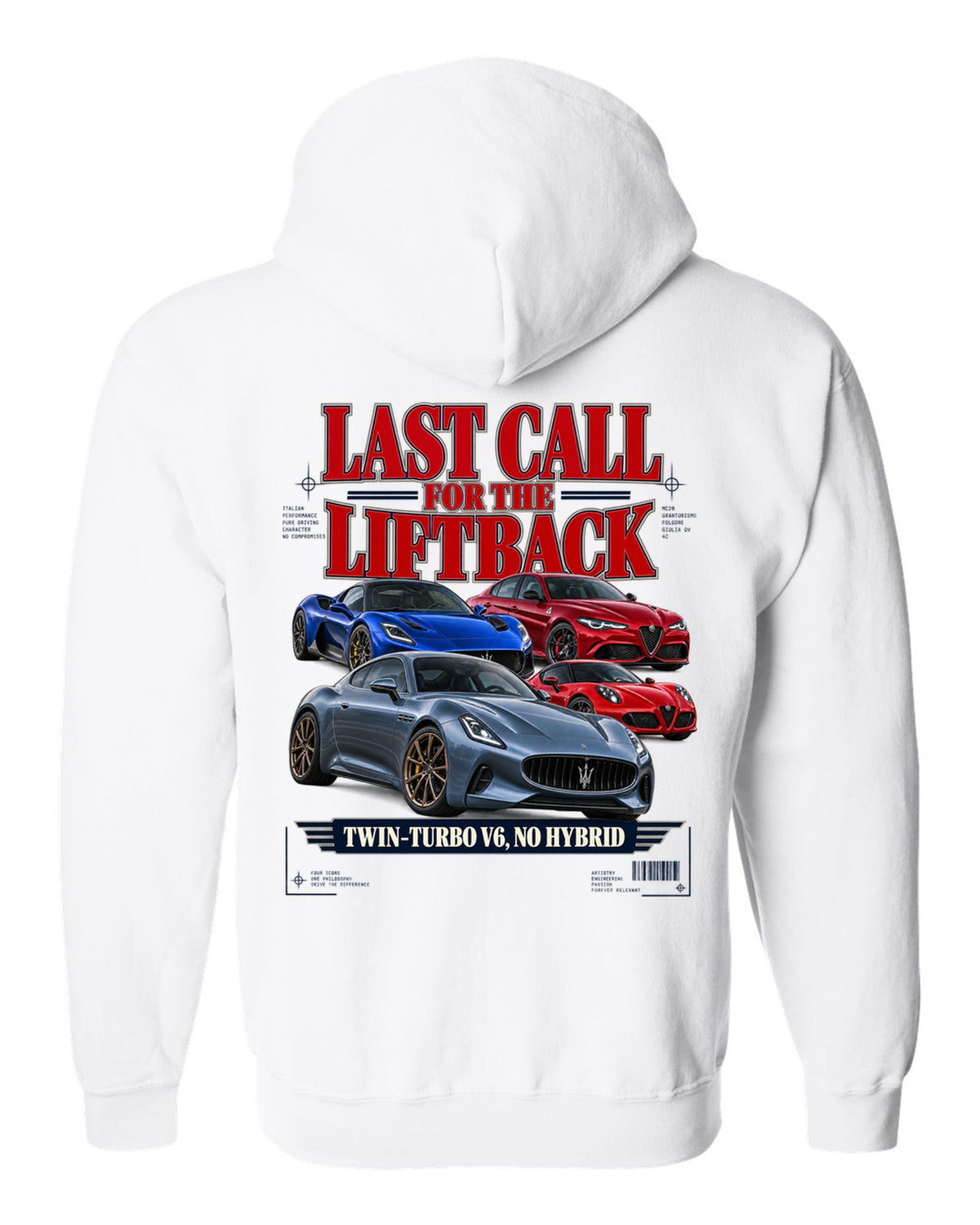 Kia Stinger GT final year editorial headline print white zip hoodie back view with the design