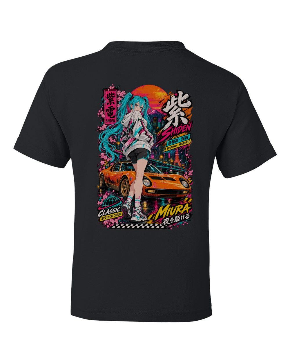 SHIDEN MIURA full-back artwork black kids tee back view with the design