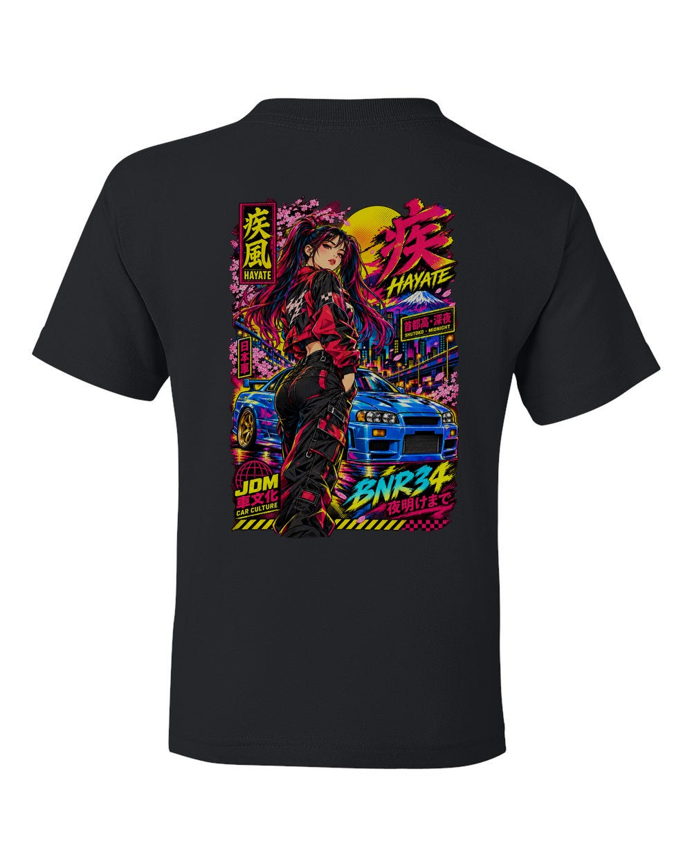 HAYATE BNR34 full-back artwork black kids tee back view with the design
