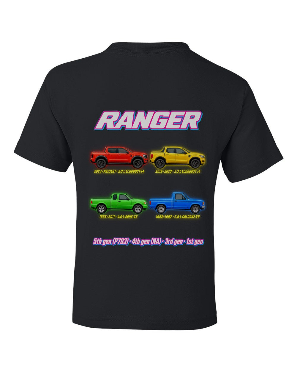 Ford Ranger evolution poster black kids tee back view with the design