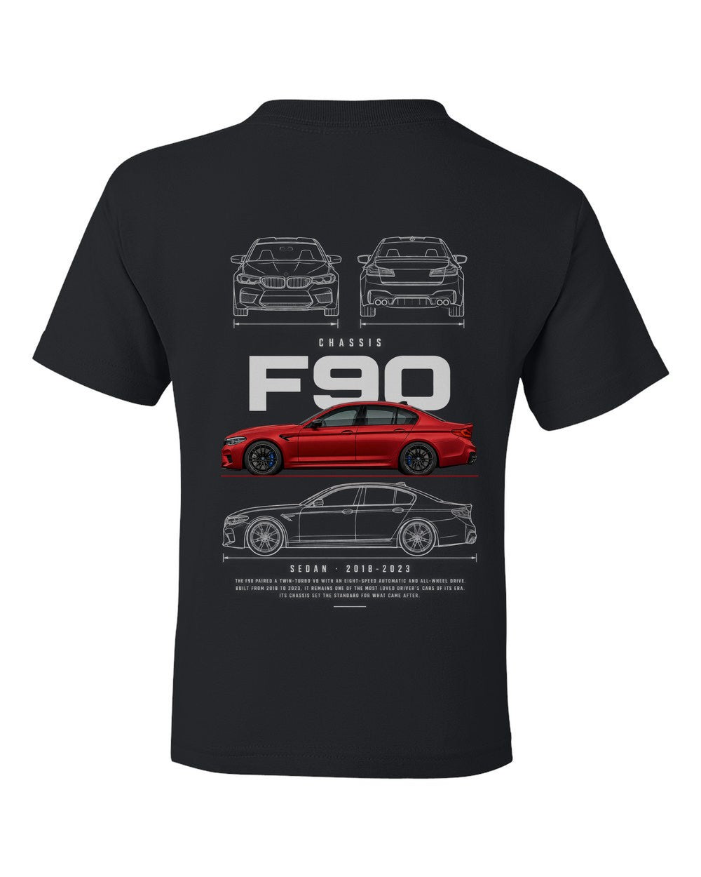 F90 full-back artwork black kids tee back view with the design