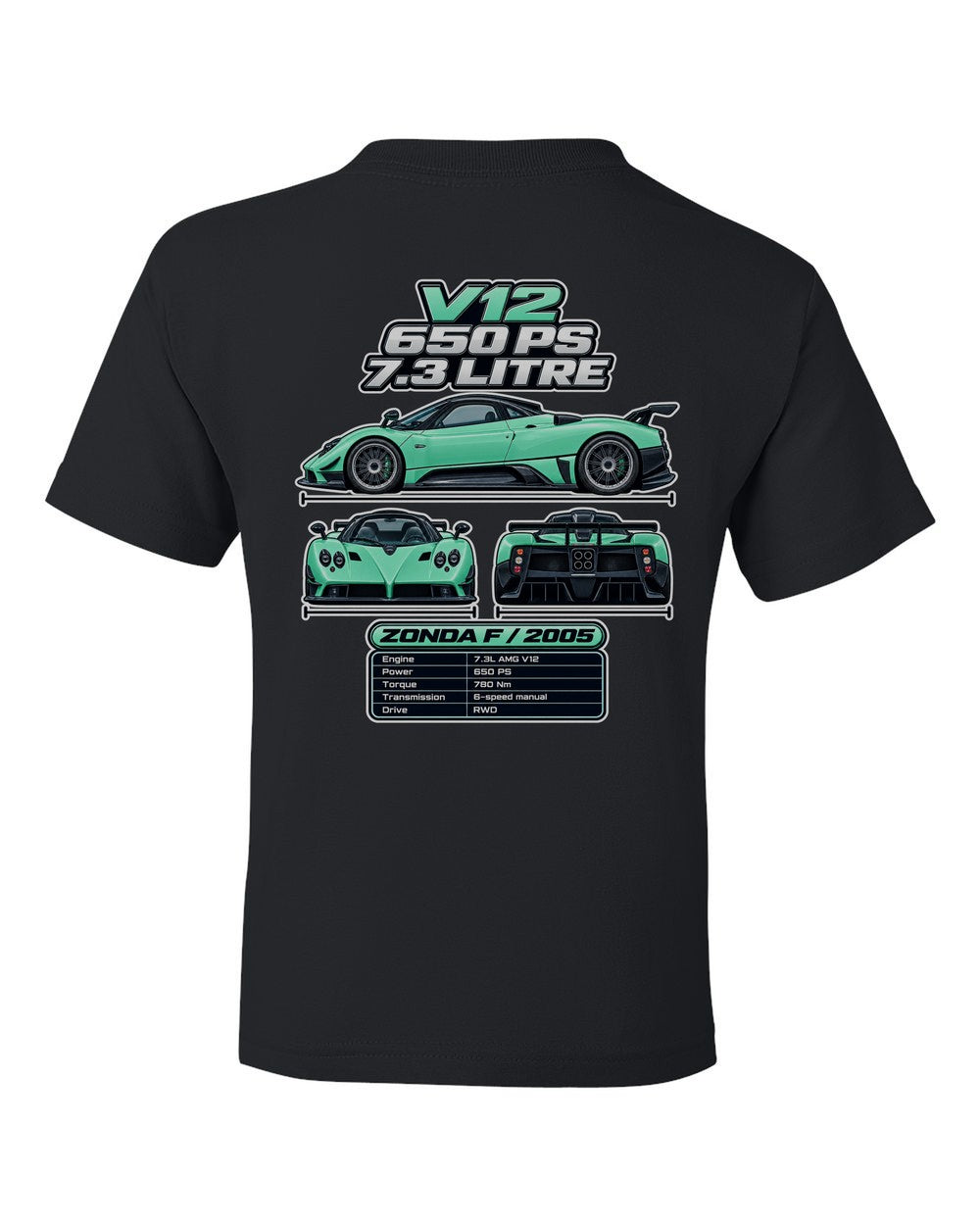 Pagani Zonda F spec sheet black kids tee back view with the design