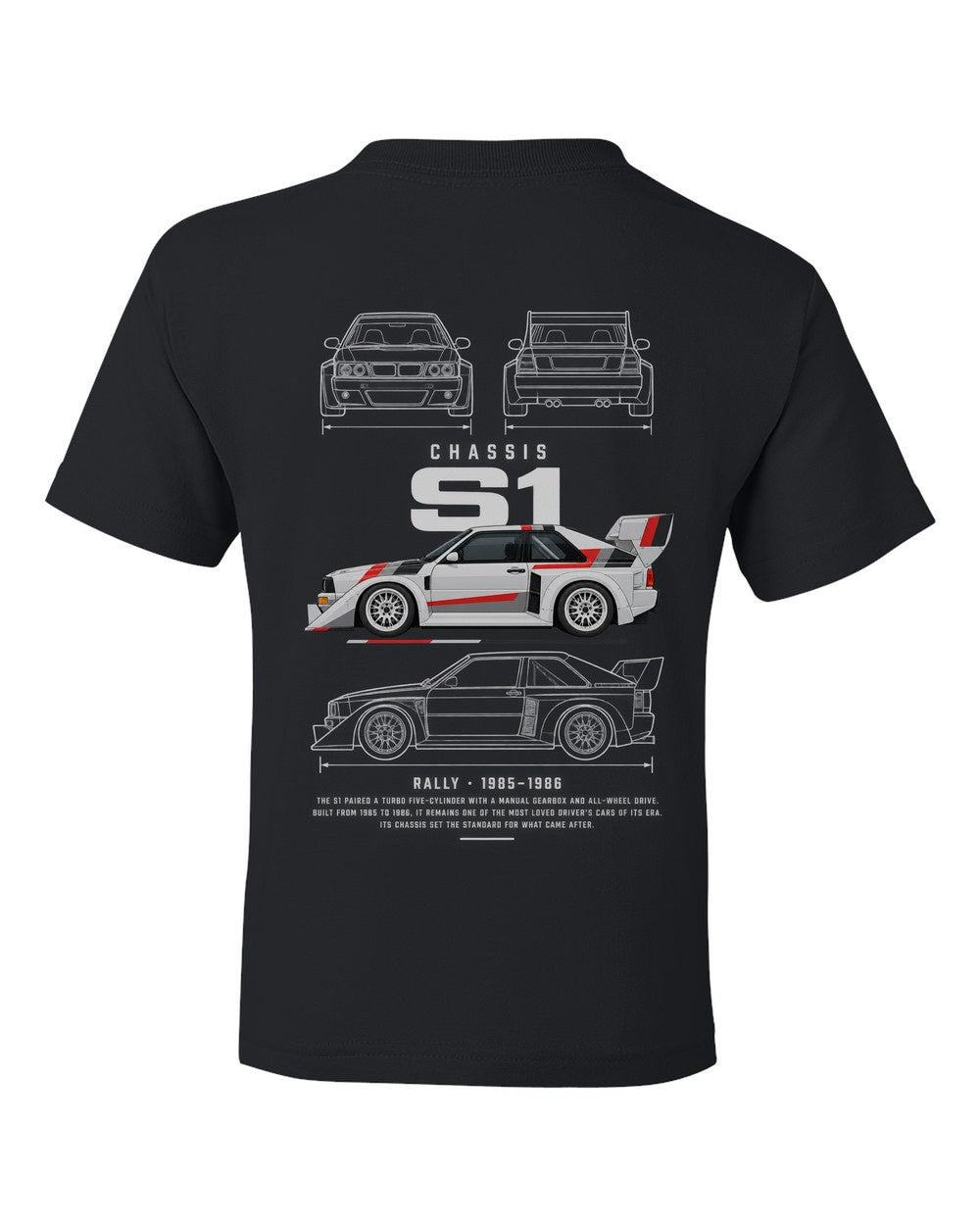 S1 full-back artwork black kids tee back view with the design
