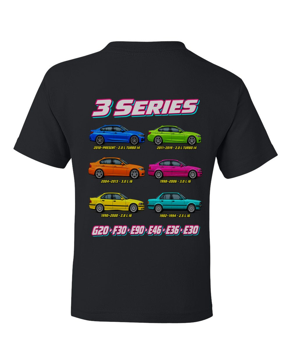 BMW 3 Series evolution poster black kids tee back view with the design
