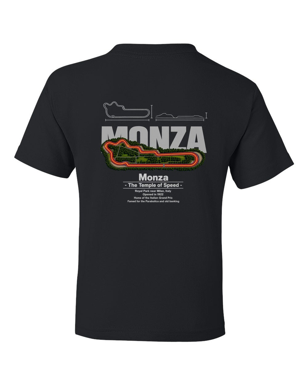 Monza black kids tee back view with the design