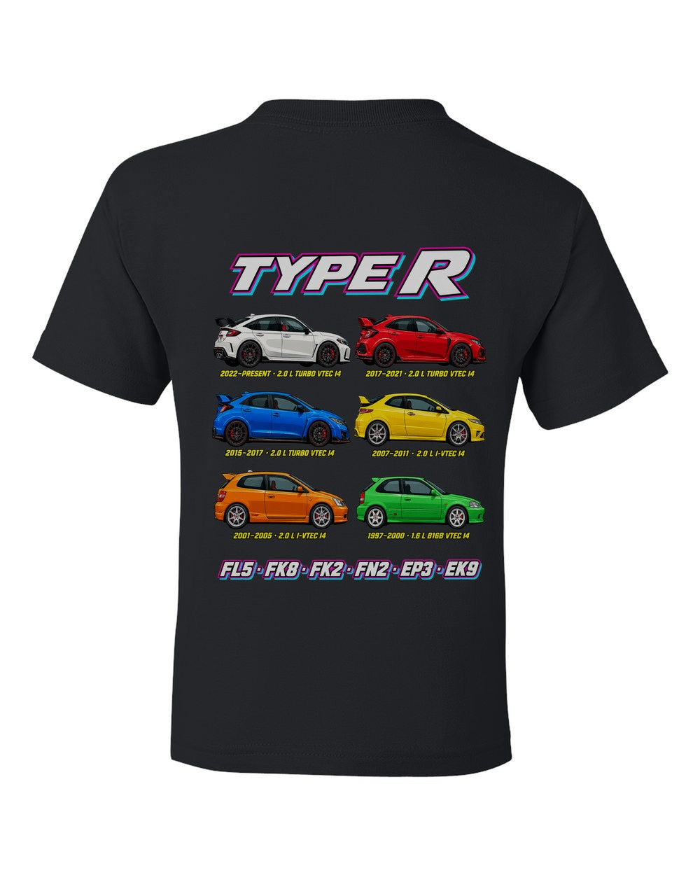 Honda Civic Type R evolution poster black kids tee back view with the design