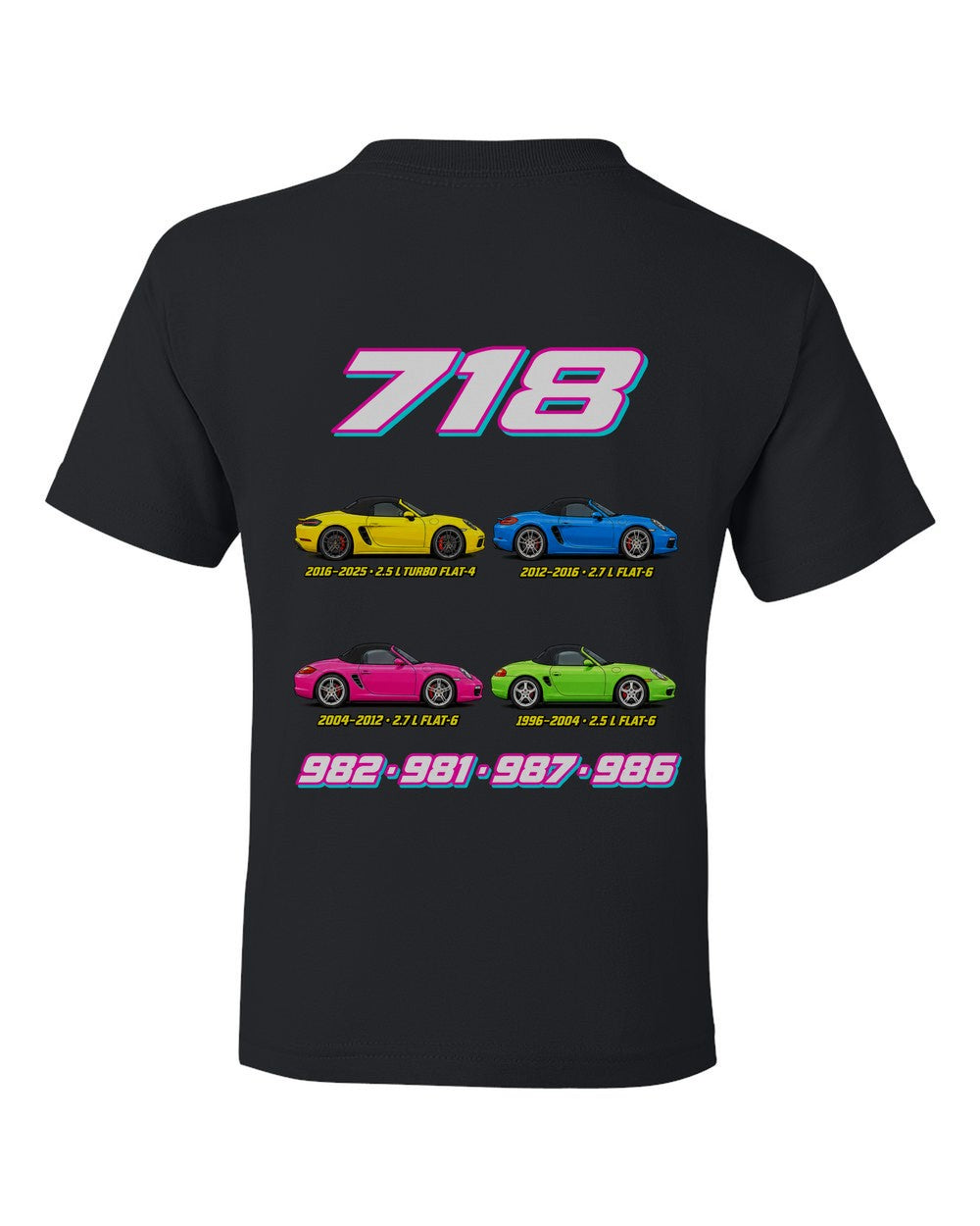 Porsche Boxster 718 evolution poster black kids tee back view with the design