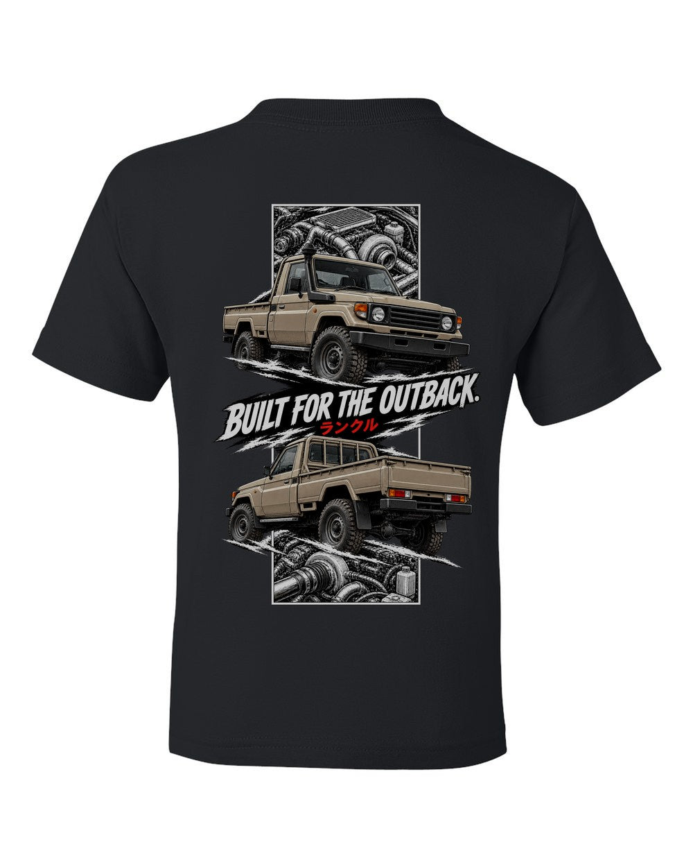 Toyota Land Cruiser 70 torn poster black kids tee back view with the design