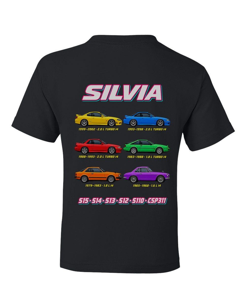 Nissan Silvia evolution poster black kids tee back view with the design