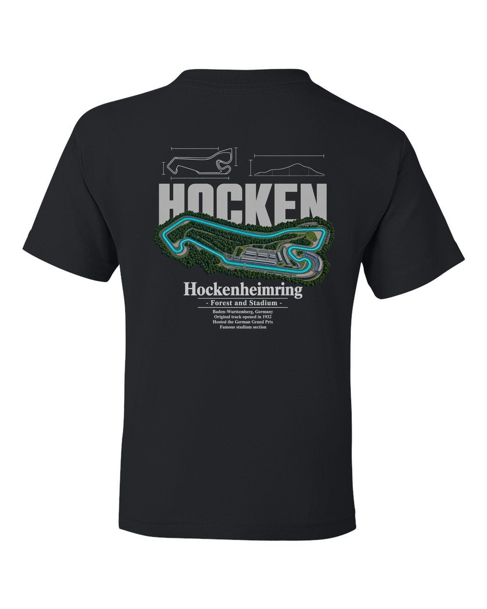 Hockenheimring black kids tee back view with the design