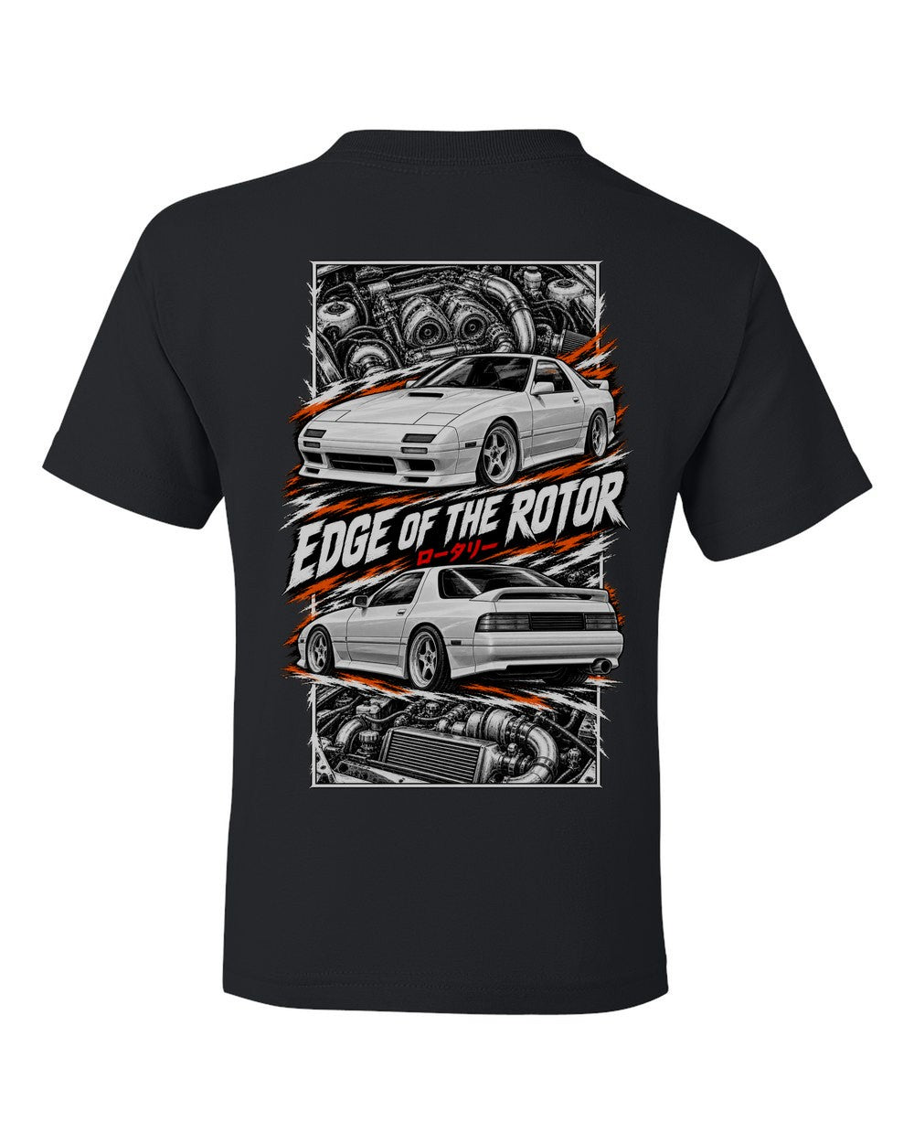 Mazda RX-7 Fc3S torn poster black kids tee back view with the design