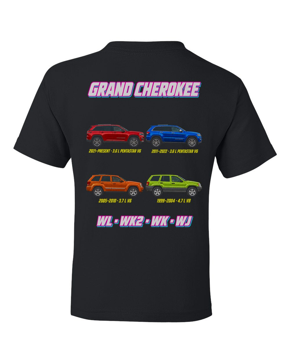 Jeep Grand Cherokee evolution poster black kids tee back view with the design