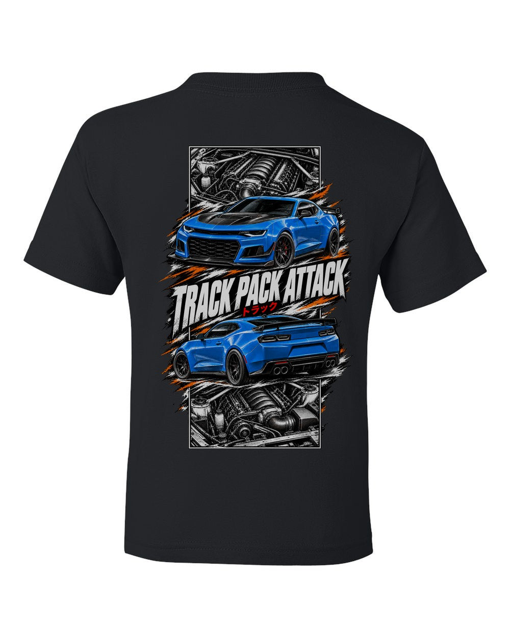 Chevy Camaro SS torn poster black kids tee back view with the design