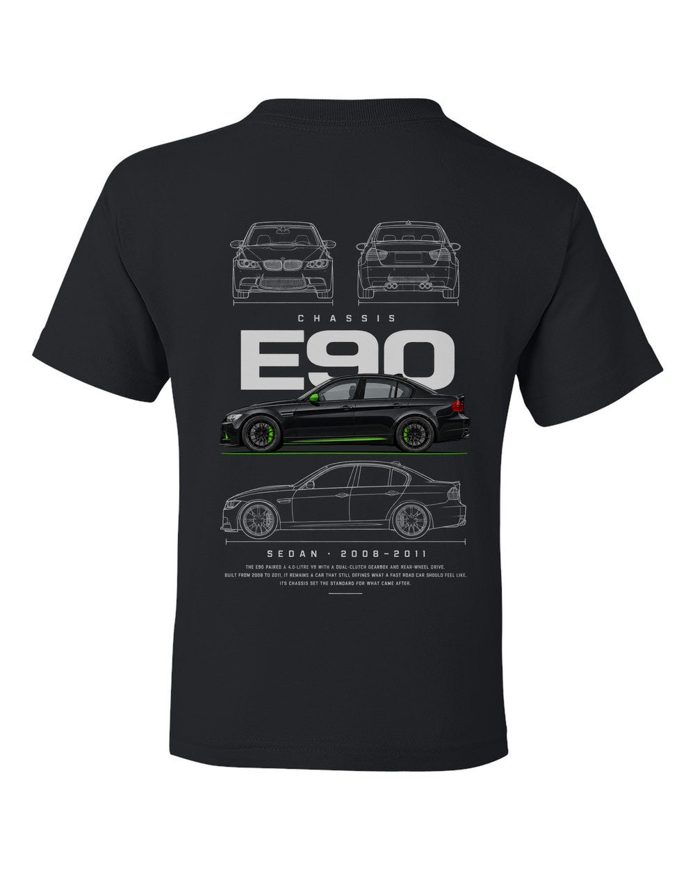 E90 full-back artwork black kids tee back view with the design