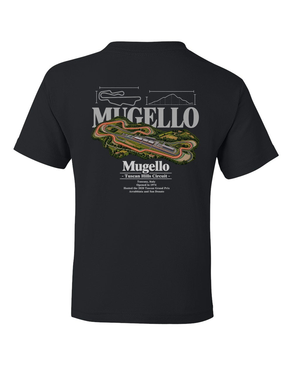 Mugello black kids tee back view with the design